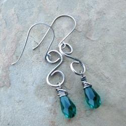 Green Earrings, Sterling Silver Wire Wrapped Earrings